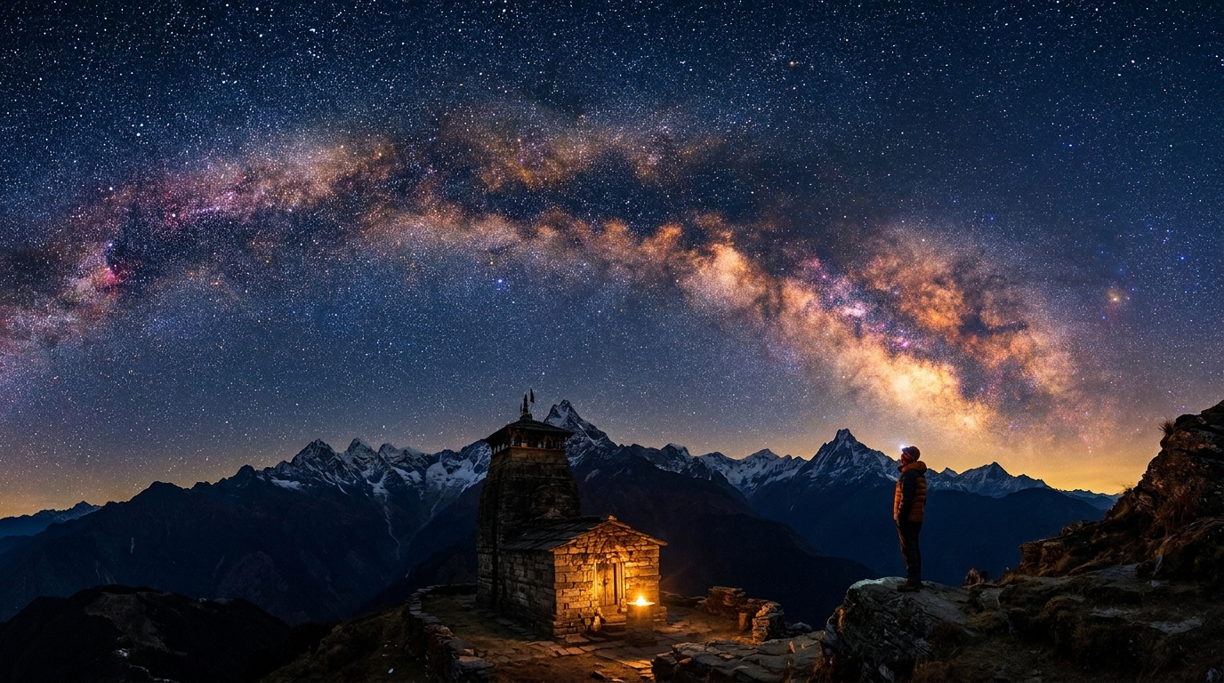 The Milky Way arching over a Himalayan temple at night